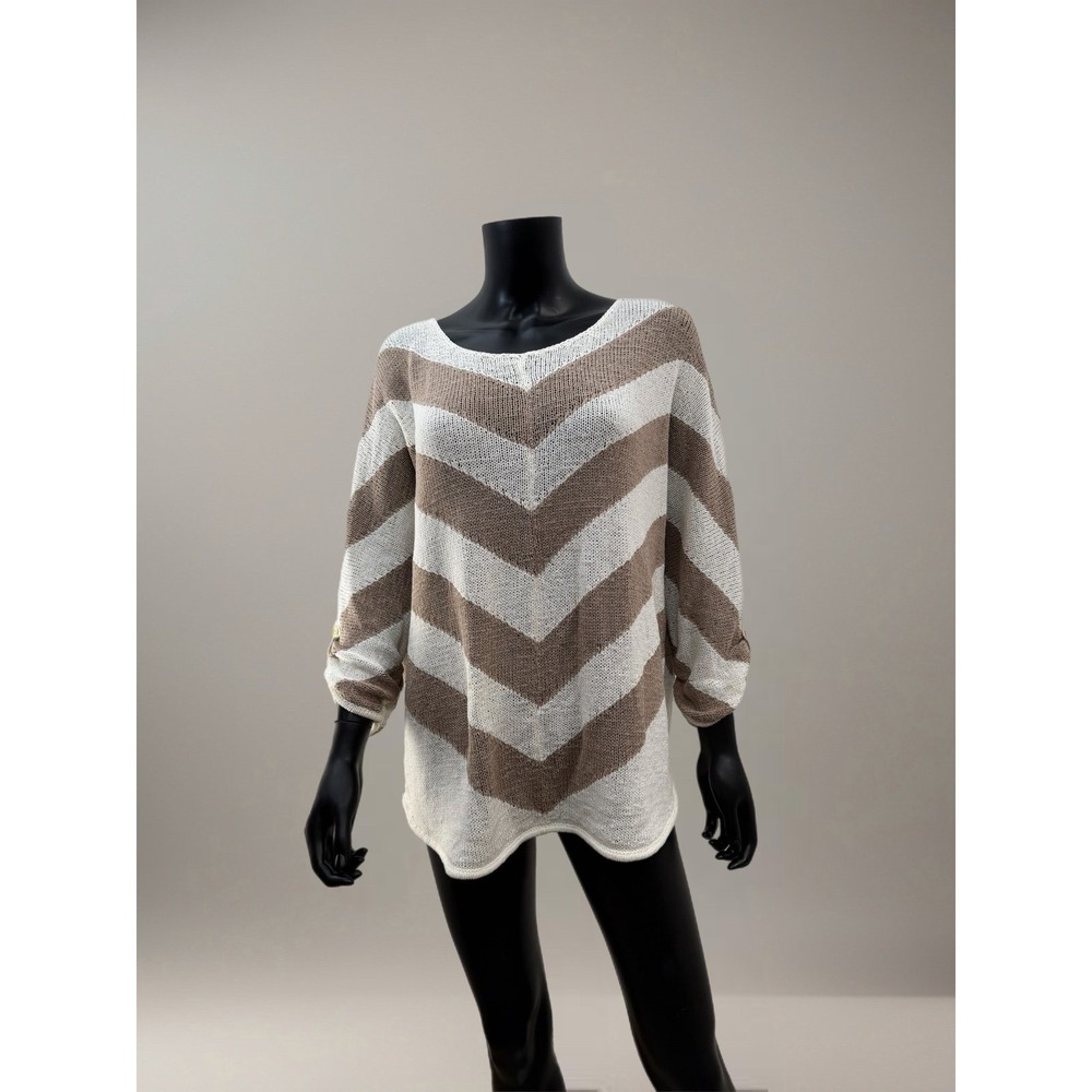 Chico's 3 Chevron Knit Sweater Women's XL Oversized Roll Tab Sleeves Tan Cream